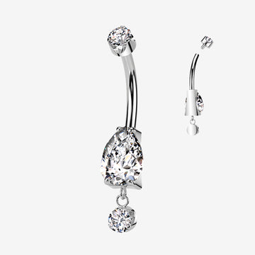 Implant Grade Titanium Teardrop Sparkle Dangle Internally Threaded Belly Button Ring-Clear Gem